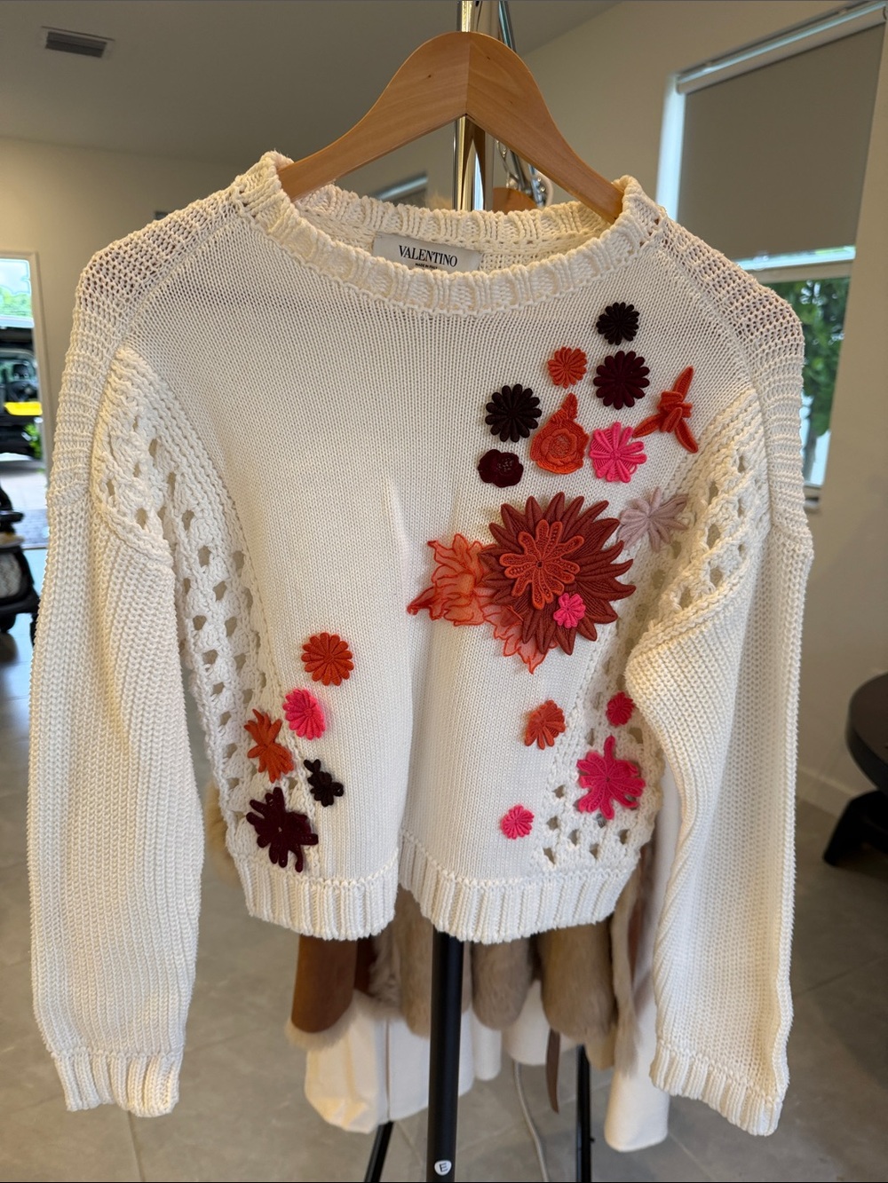 Valentino Cream Knit Sweater with Pink, Red and Brown Floral Appliqués